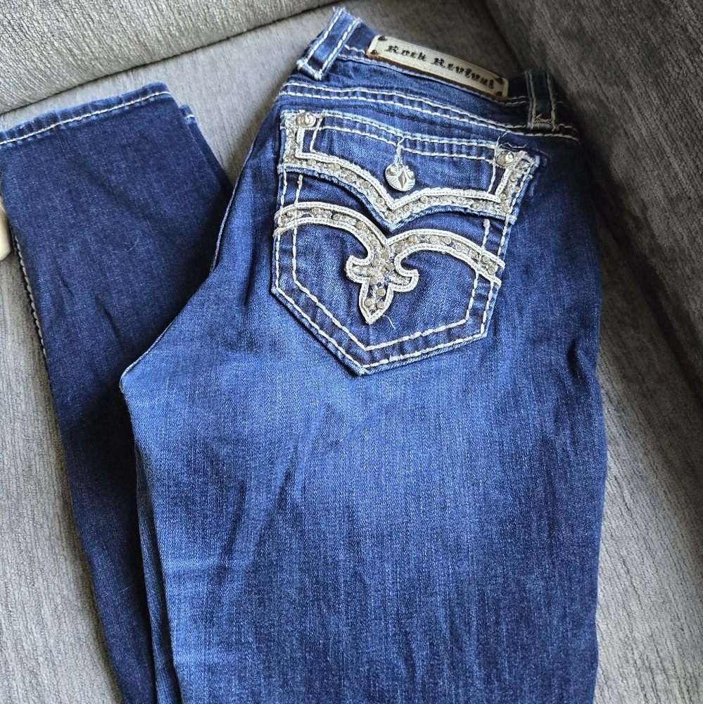 Rock Revival Dark Blue Skinny Cut Jeans with Silver Accents